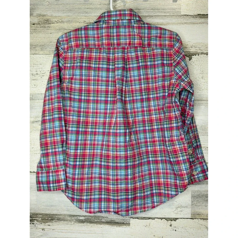 Ralph Lauren Button Down Shirt Boys 4T Red Blue Plaid Preppy EUC